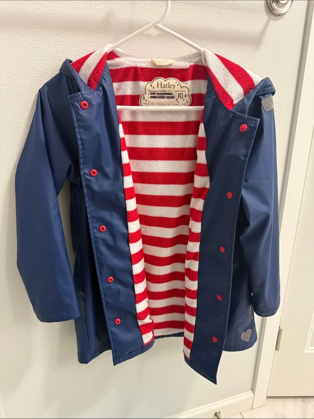 Hatley Navy Raincoat with Red & White Stripe Lining